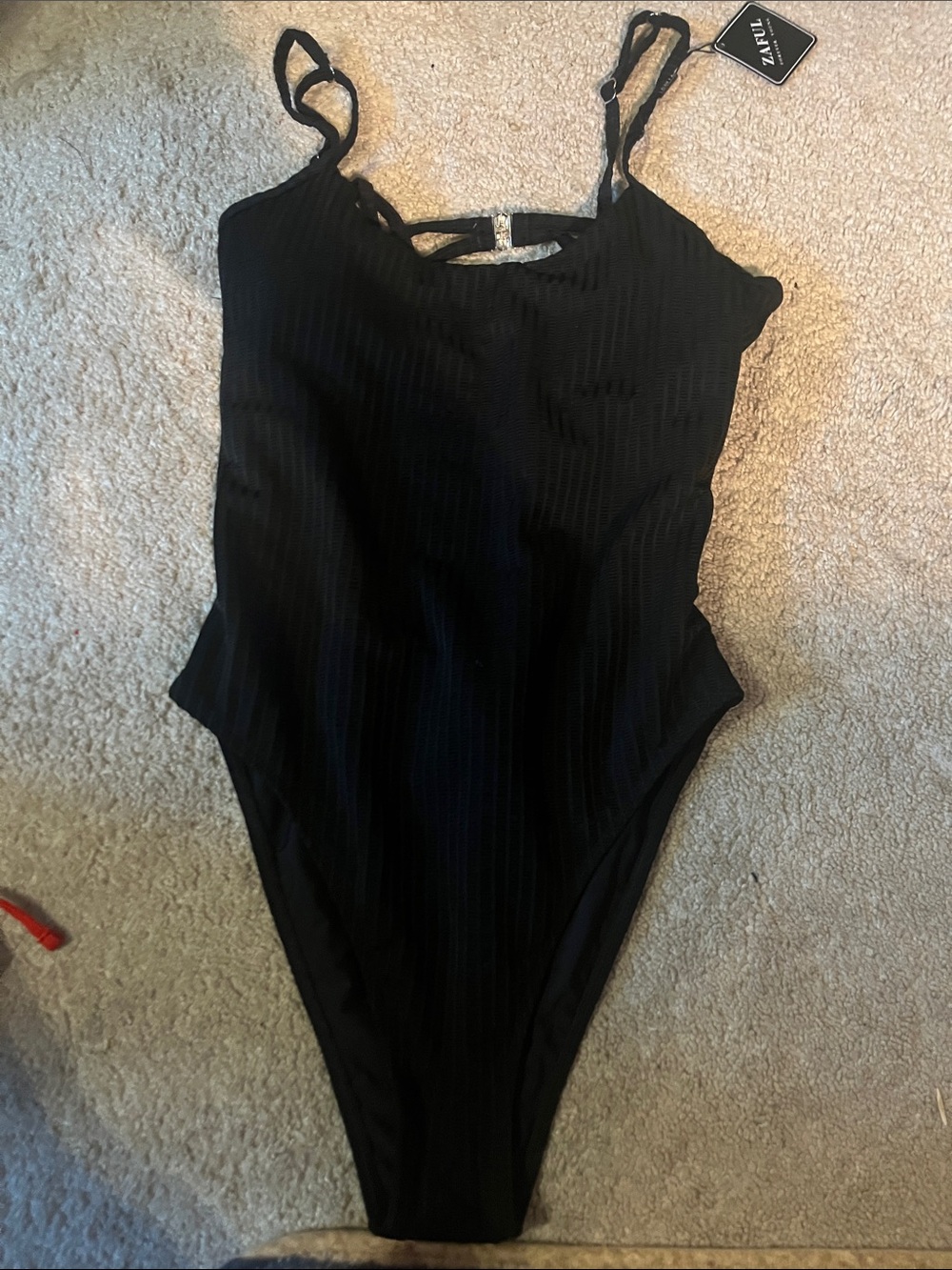 Zaful Black Ribbed One-Piece Swimsuit with Adjustable Straps
